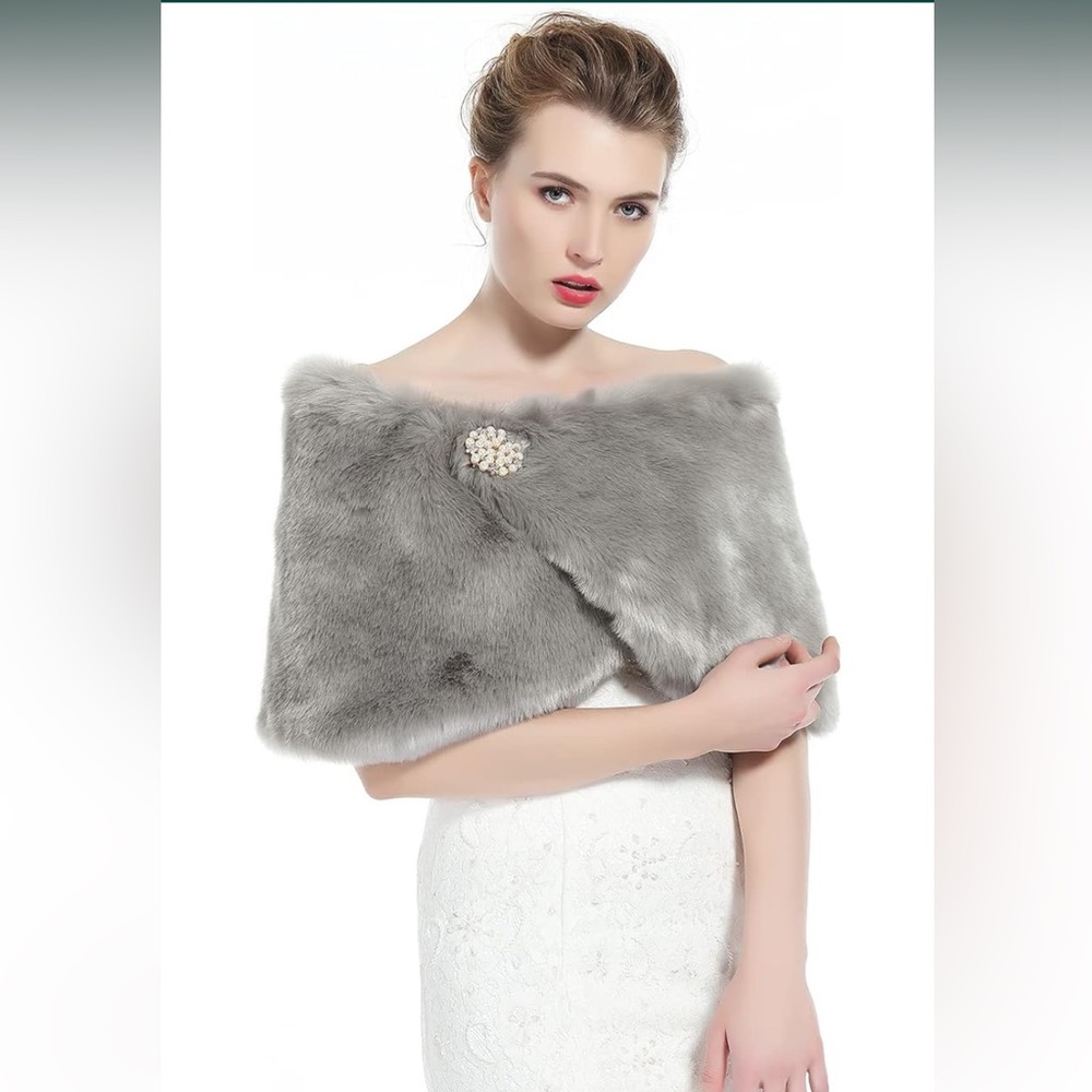 Gray Faux Fur Wrap with Rhinestone Brooch